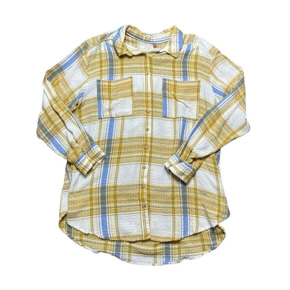 Pilcro Textured Plaid Button Down Shirt Yellow Blue White Size XL - Picture 2 of 6